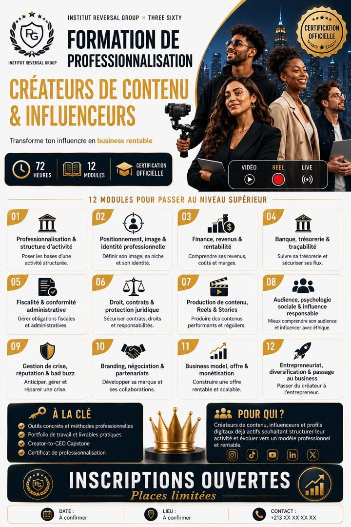 Formation de professionnalisation créateurs de contenu et influenceurs par Institut Reversal Group